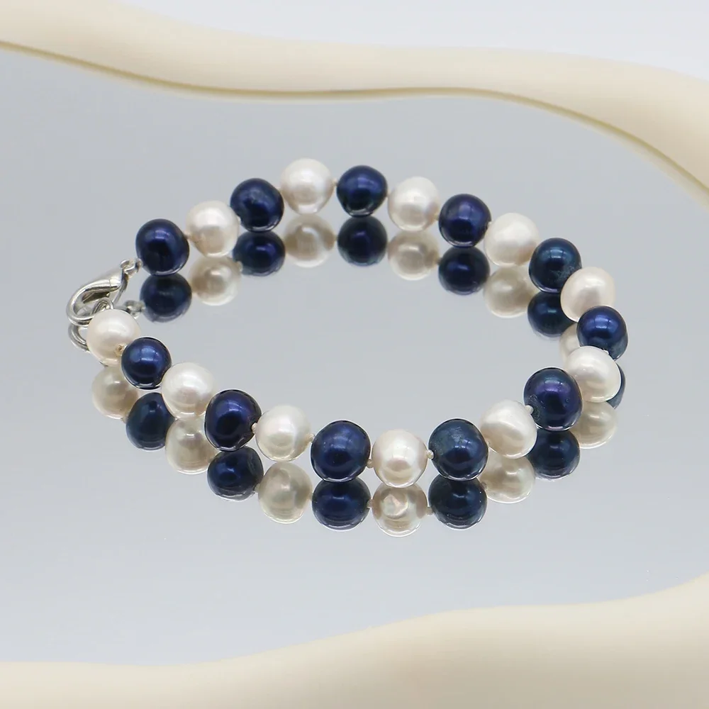 Fashion Irregular Round White & Black Freshwater Pearl Spliced Design Fashion Women's Baroque Style Bracelet Jewelry 1Strand