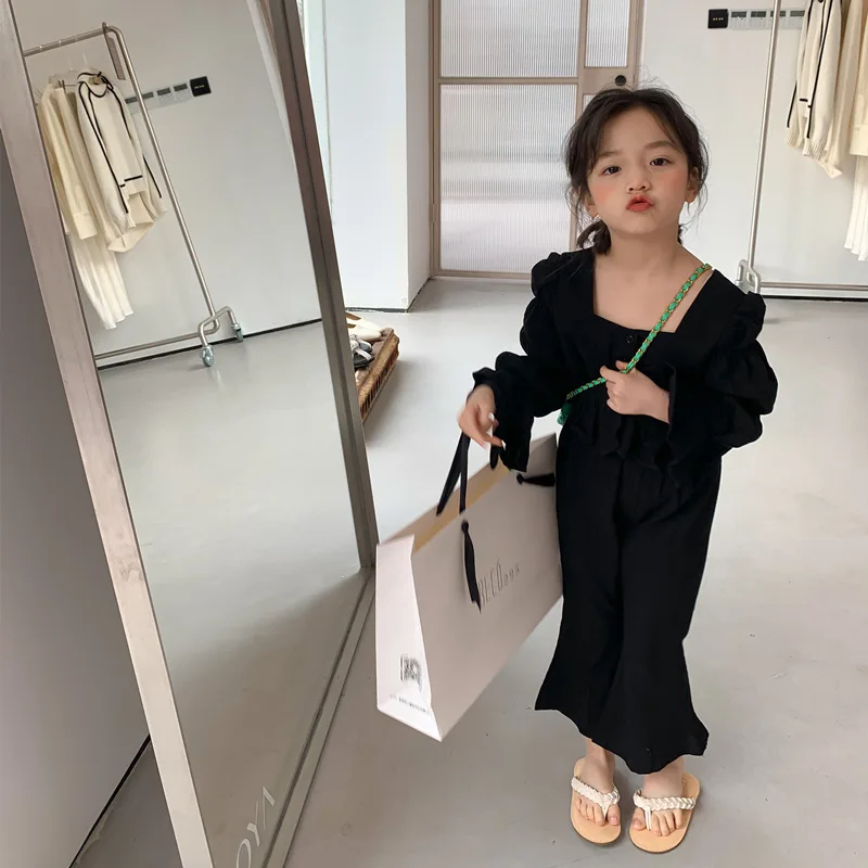 

1195E Children Clothes Sweet Girl's Suit Spring 2022 New Girls' Fashionable Suit Black Tops + Bell Bottoms Kids's Two Piece Set