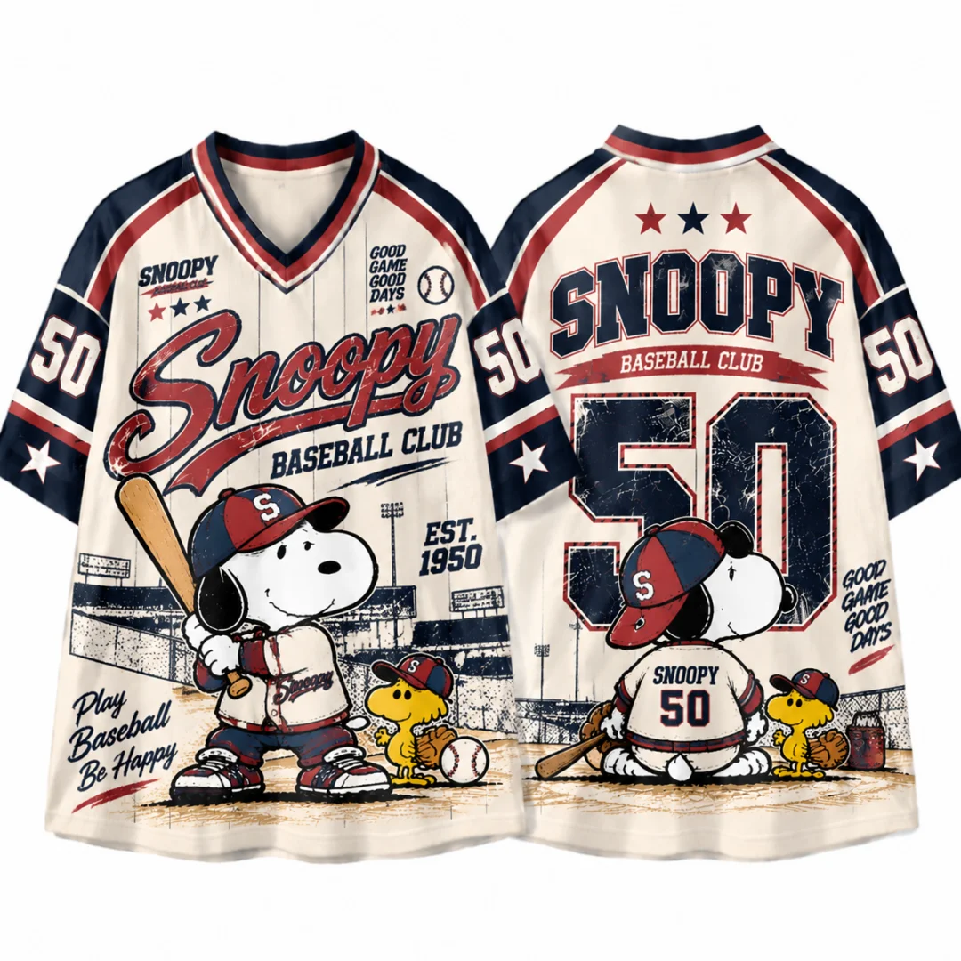 Snoopy Baseball Club #50 Vintage Jersey T-shirt Kids & Adults Retro V-neck Short Sleeve Y2K Streetwear Cartoon Oversized Top