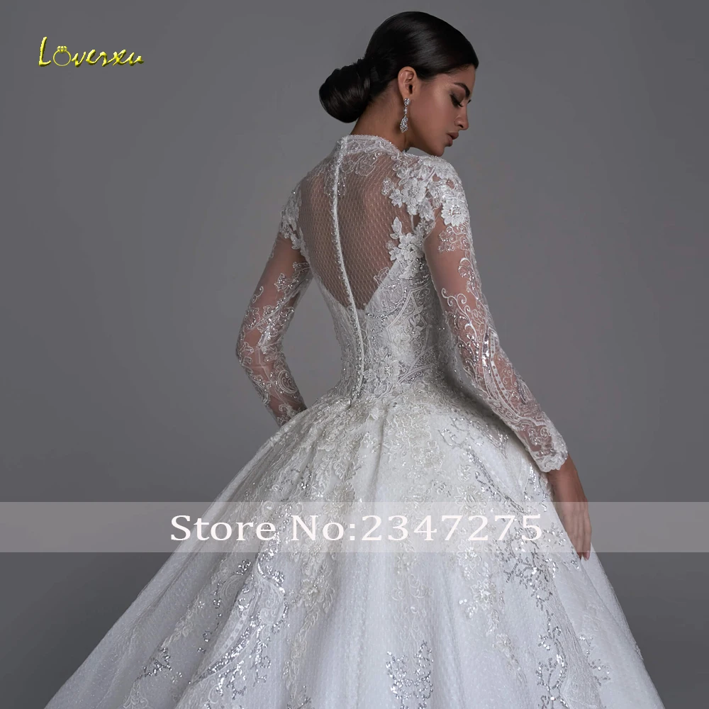 Loverxu robe De bal princesse robes De mariée col haut à manches longues Vestido De Novia dentelle perlée charmante robe De mariée sur mesure