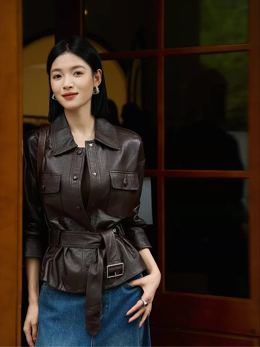 

Стильная кожаная куртка для женщин: модное ретро-пальто с поясом, теплое, повседневное, с длинными рукавами, из овчины, для ежедневной носки