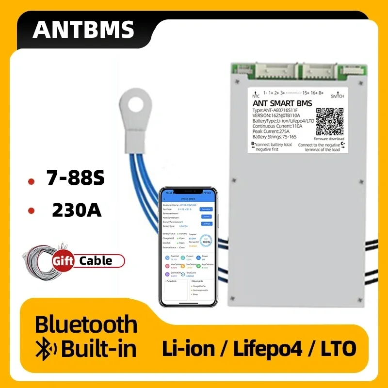 

ANT Smart bms 7S to 16S 230A Li-ion Lifepo4 LTO Battery smart balancer 80A 110A 130A 420A 24V 36V 48V 60V Bluetooth Built-in