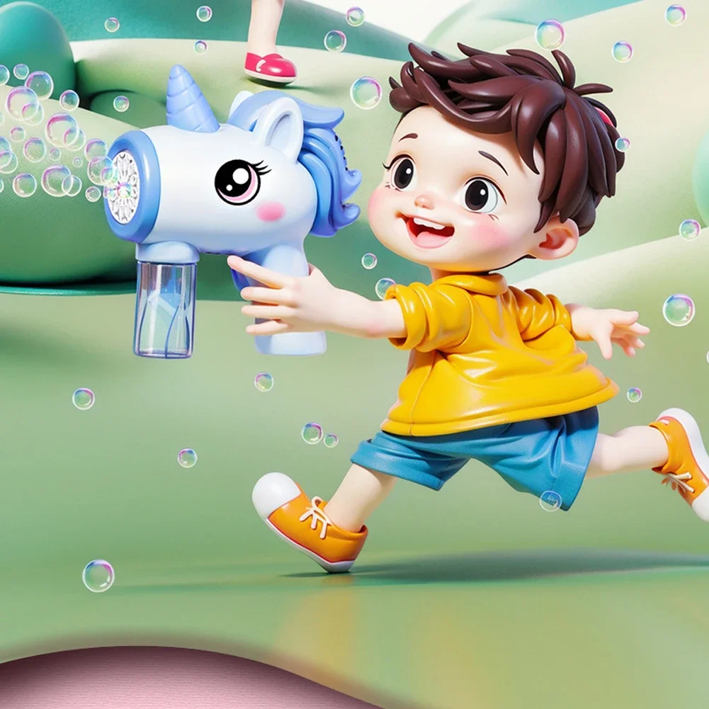 صانع فقاعات كهربائي على شكل وحيد القرن مع منفاخ فقاعات خفيف هدايا عيد ميلاد للأولاد والبنات بعمر 3 4 5 6 سنوات