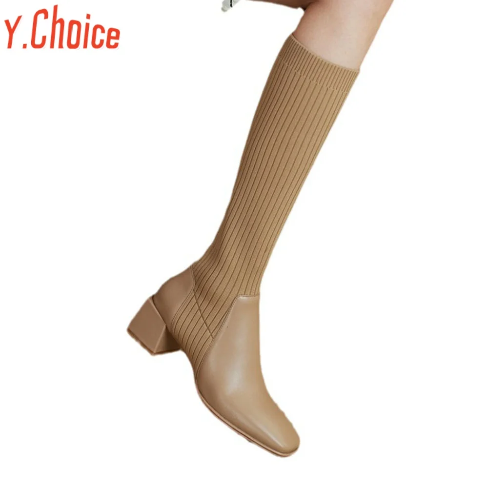 

Y.Choice Winter Brand New Women Slip On Knee Heel Boots Knit Sock Square Toe Warm Boots Casual Warm Knee High Shoes For Women