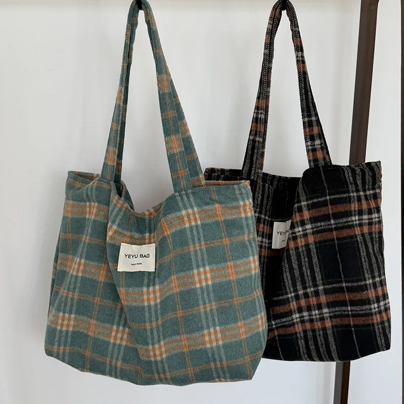 

Autumn Contrast Color Plaid Woolen Shoulder Bags for Women Retro Large Capacity Ladies Tote Bag Casual Travel Female Handbags