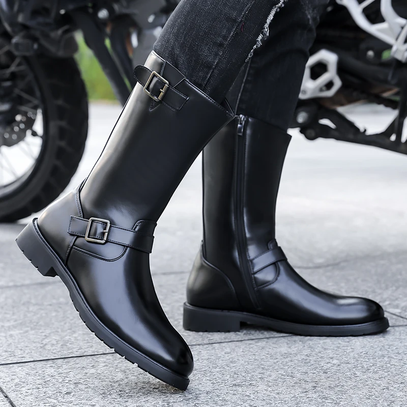 plus size mens fashion cosplay stage high motorcycle boots brand designer shoes cowboy soft leather boot cool long knight botas