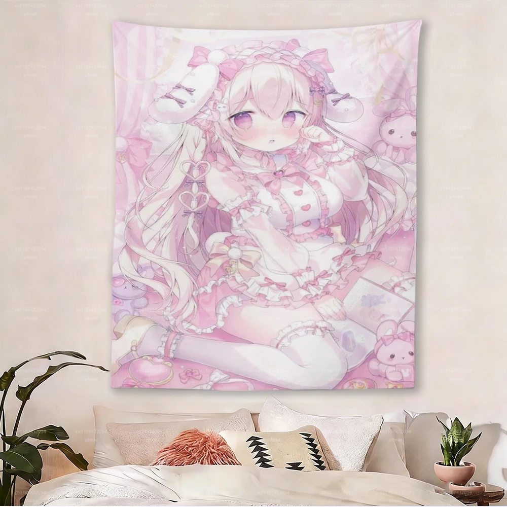 Kawaii Rosa Anime-Mädchen Wandteppich Niedliche Maid Lolita Wandbehang für Schlafzimmer Wohnheim Dekoration