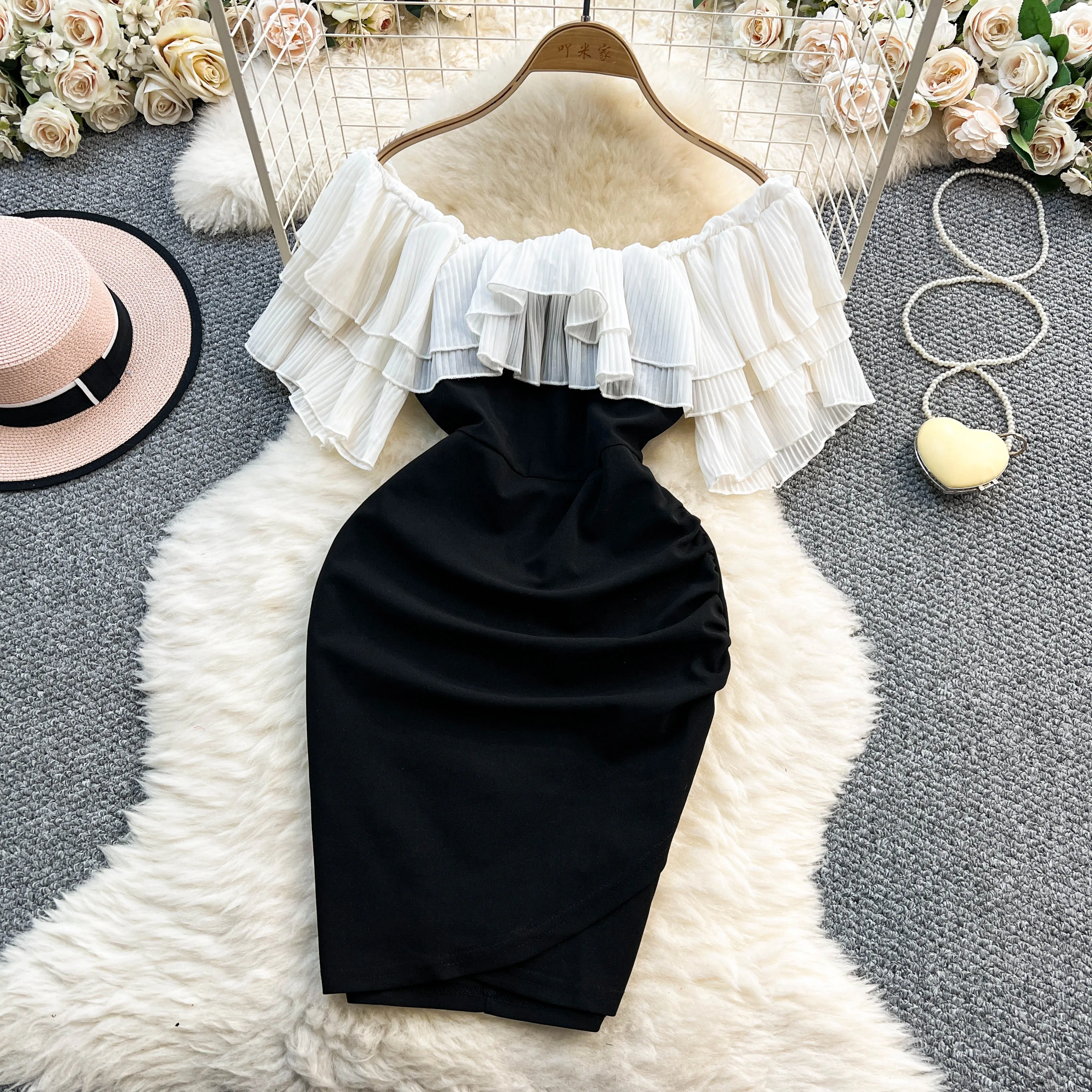 Korea Office Lady Elegante Slash Hals Jurk Vrouwen Hip Hit Kleur Ruches Slanke Sexi Chaming Jurken Zakelijk Diner Banketten Jurk