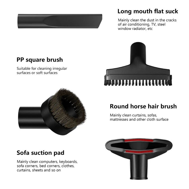 6Pieces Vacuums Brush Nozzle Crevice Tool Include PP Brush Flat Suction Nozzle Horse Hair Round Brush Attachment Dropship