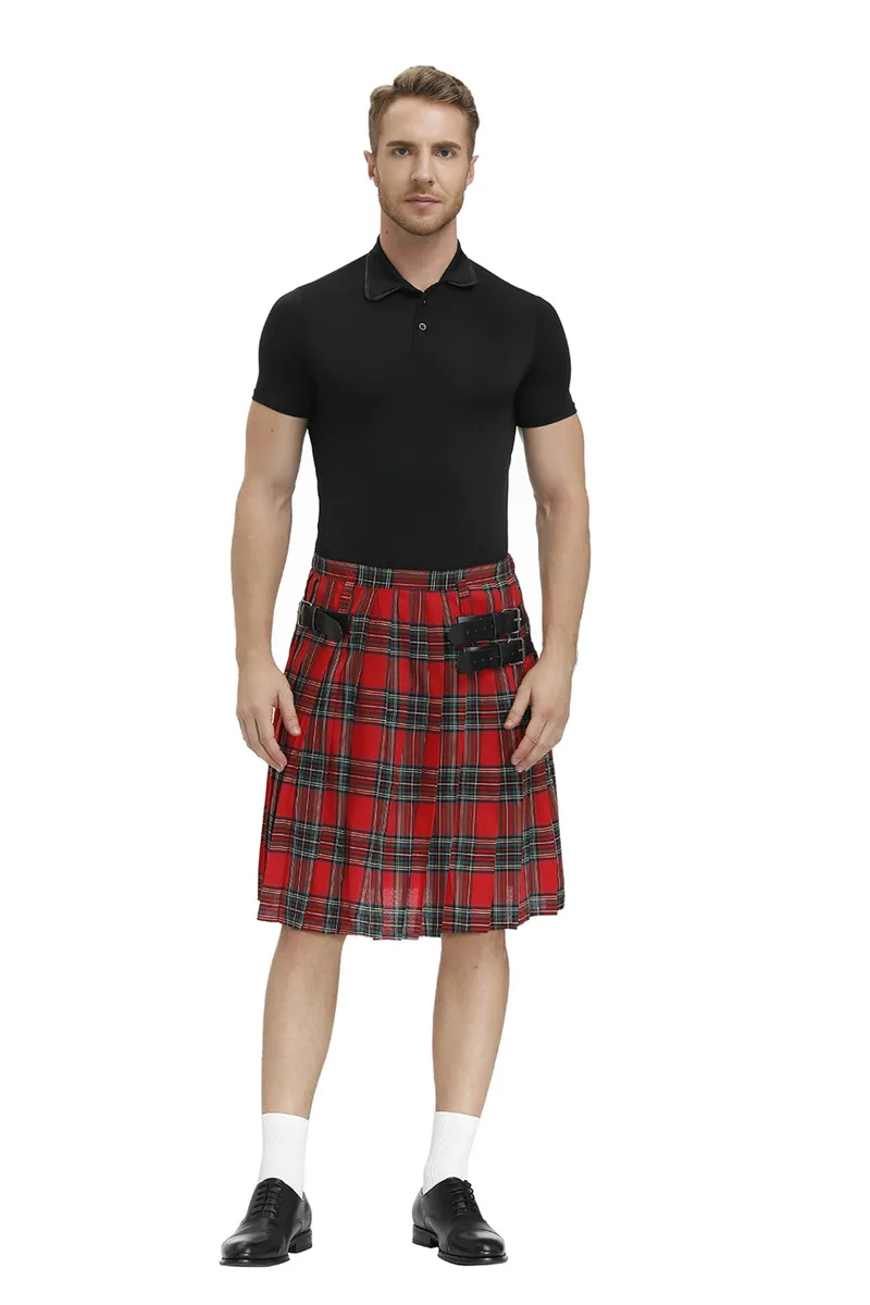 Mens Scottish Traditional Highland Tartan Kilt Stage Performance Skirt Cosplay Halloween Carnival Fancy Party Dress