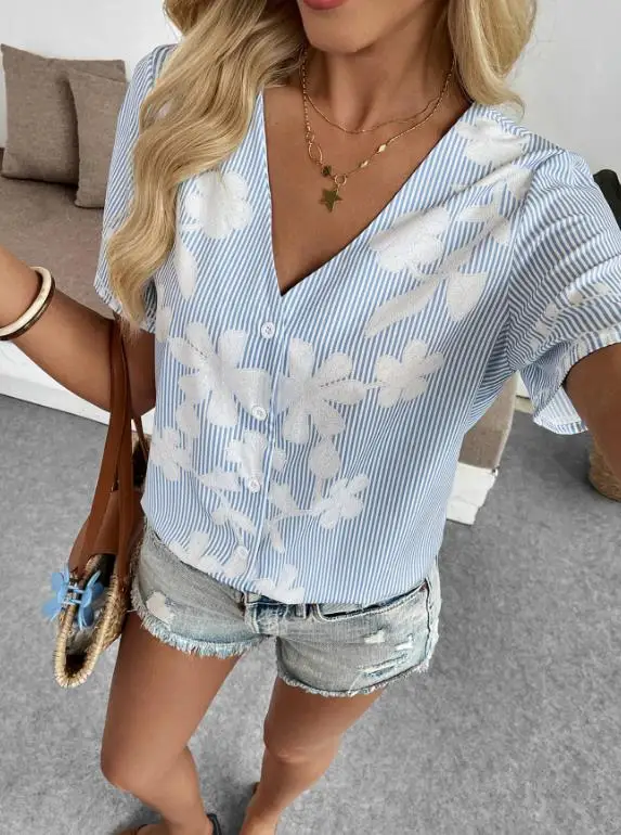 

2026 Elegant Sexy Fashion Casual Summer New V-Neck Shirt Versatile Work Commuter Printed Loose Shirt Top for Women