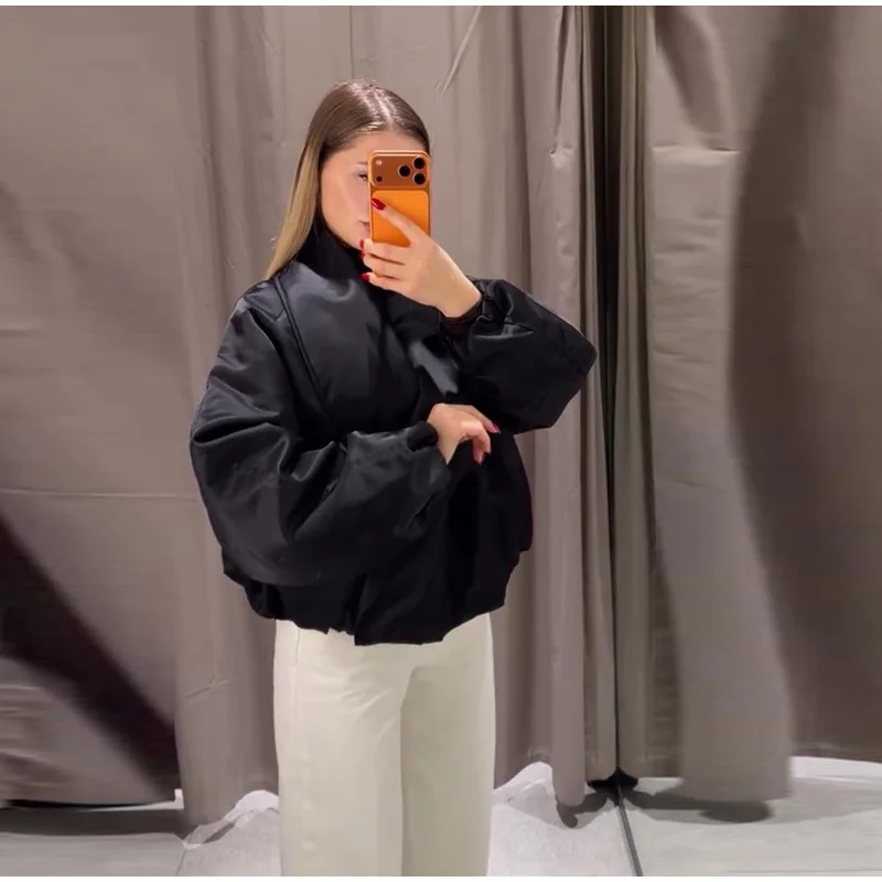 Modische Y2K Satin-Bomberjacke für Damen, Mauve, Puffärmel, Kurz geschnitten, Reißverschluss, Freizeitjacke, Frühjahr 2026, schicke Streetwear, Neu – Detail 13