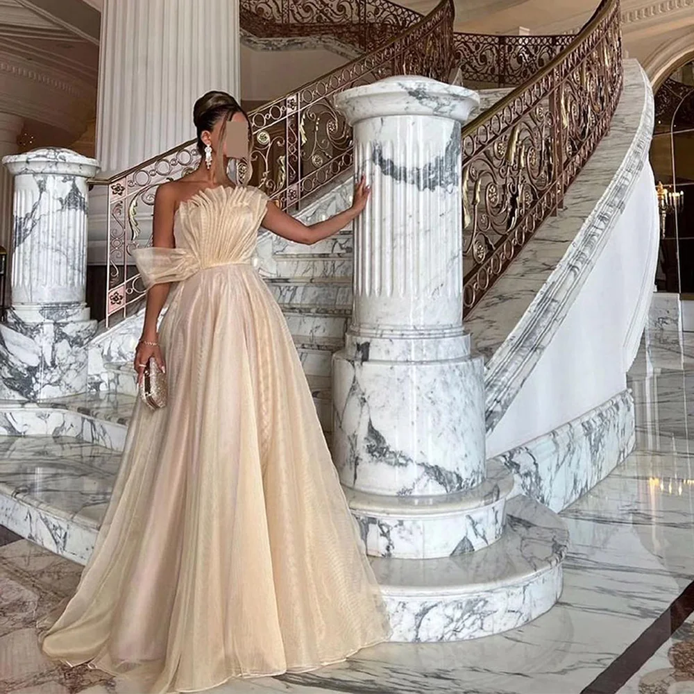

CustomizedScalloped Off the Shoulder A-Line Tulle Floor Length Sweep Train Backless Exquisite Evening Dresses Woman Bespoke Occa