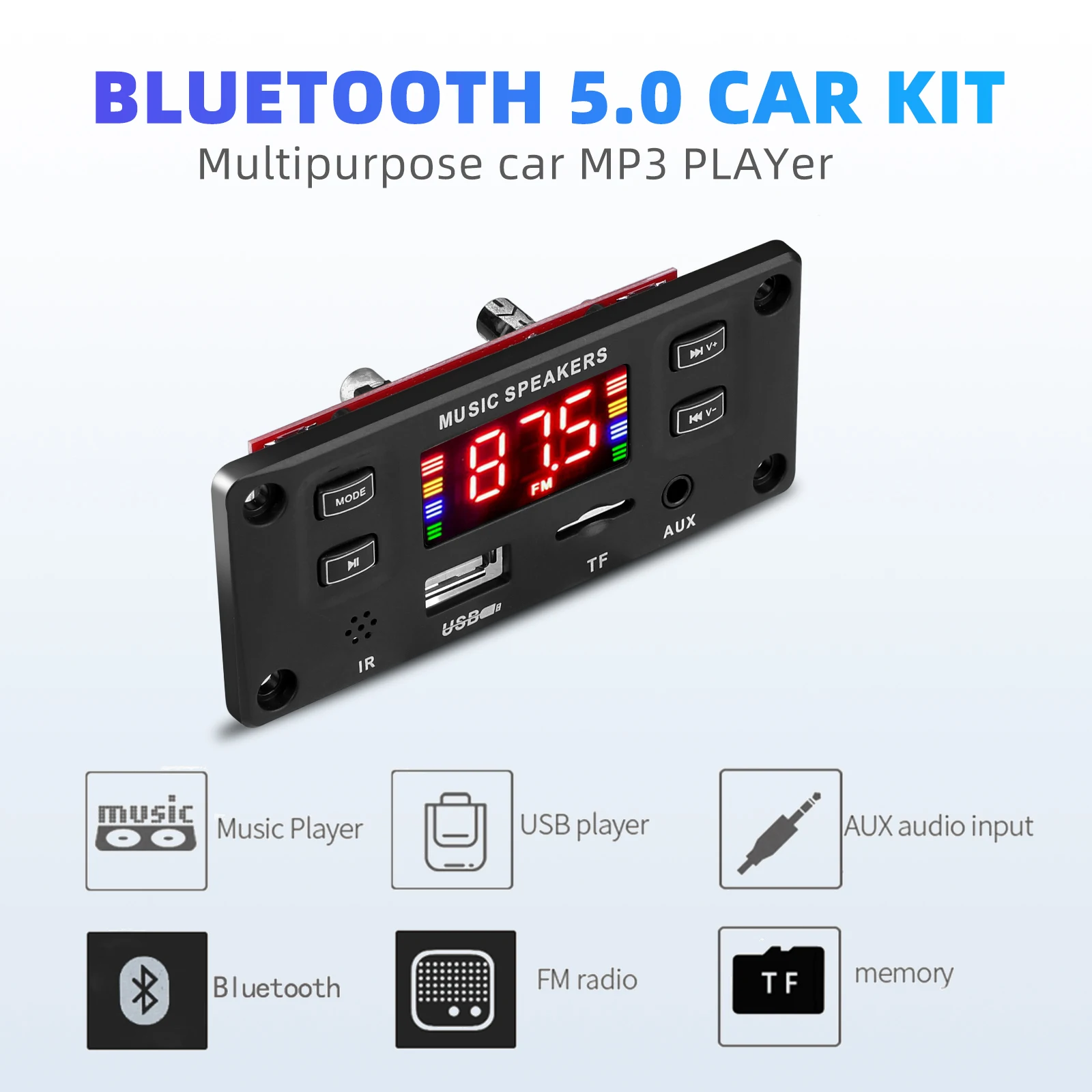 2*30W 60W amplifier Hands-free MP3 Player Decoder Board 7-22V Bluetooth 5.0 Car FM Radio Module Support FM TF USB AUX Recorders