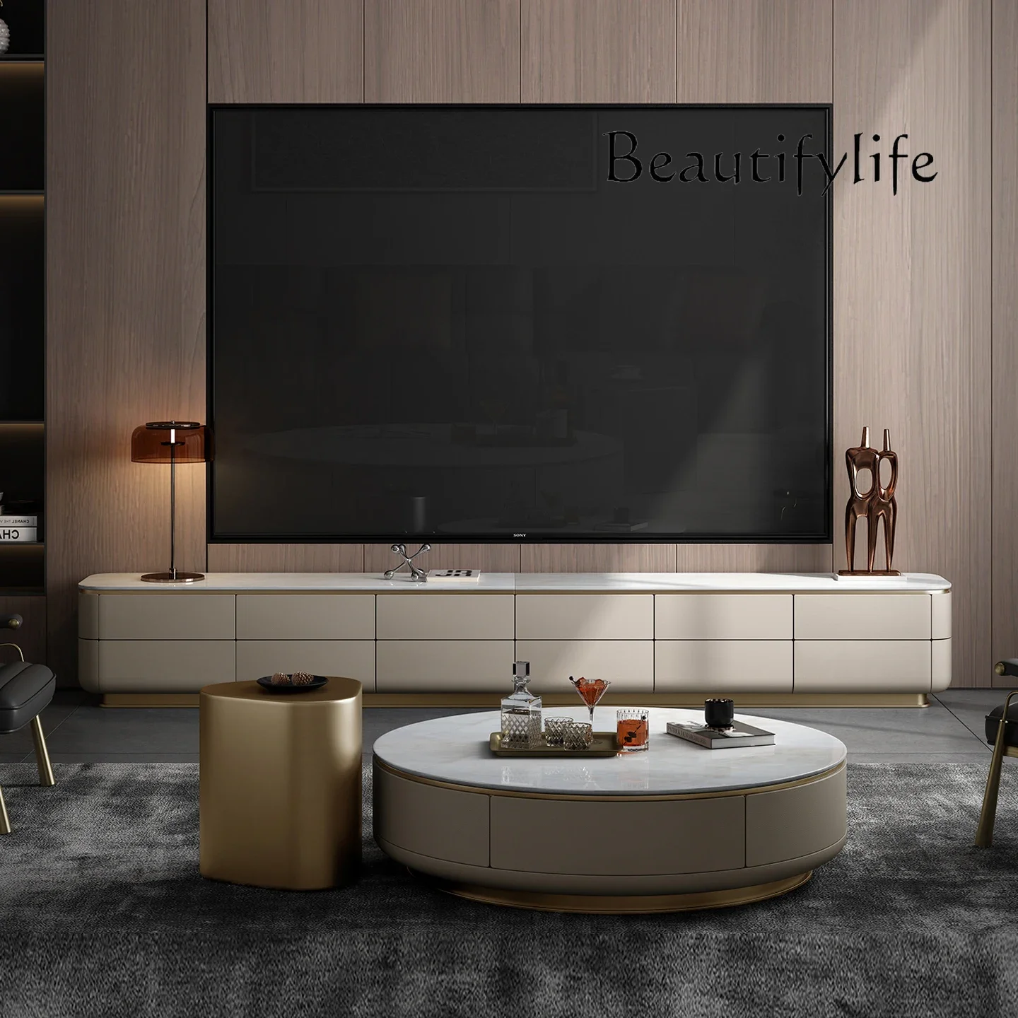 

BJ Light Luxury TV Cabinet High-end Large Flat Floor Living Room Original Natural Marble Storage TV Cabinet