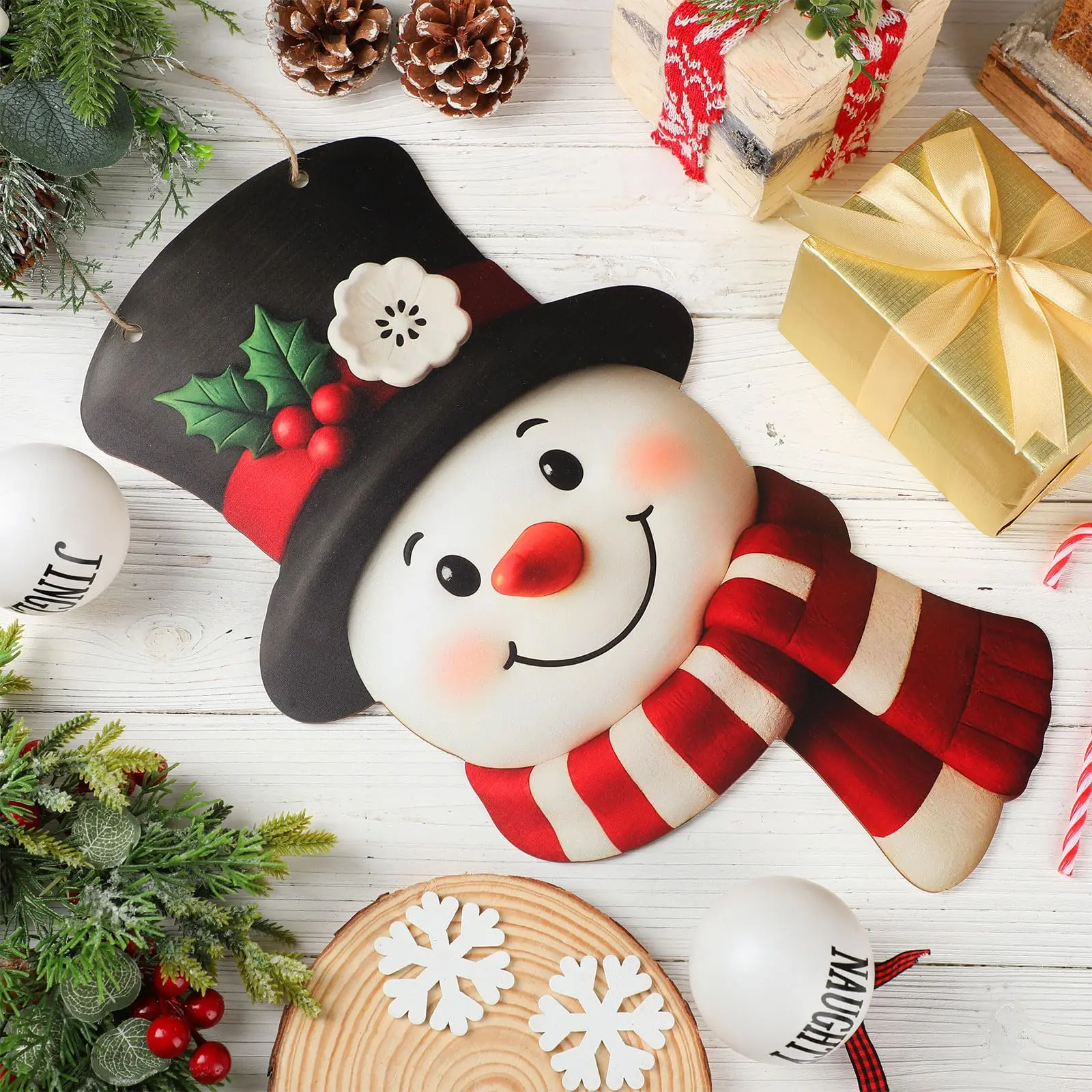 1 Stück Weihnachtsschneemann Holzornament, Landhausstil Winter-Türkranz-Deko, Innen- und Außendekoration für Haus, Wand und Fenster
