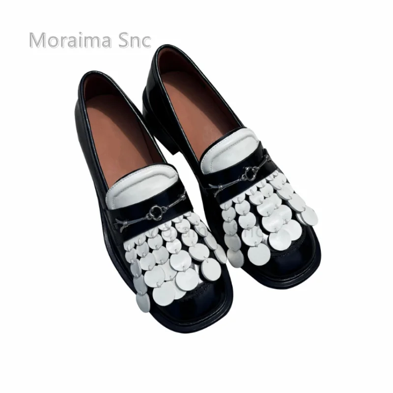 Retro Thick Soled Tassel Metal Buckle Loafers Single Shoe British Style Round Head Women's Pumps Leather Shoes Female Spring