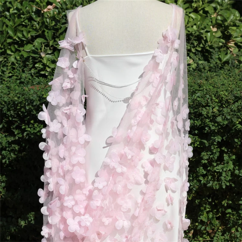 

Pink 3 D Flowers Floral Wedding Bridal Draped Cape Veils Accessories For Brides Cathedral Long Colored Cloak Unique