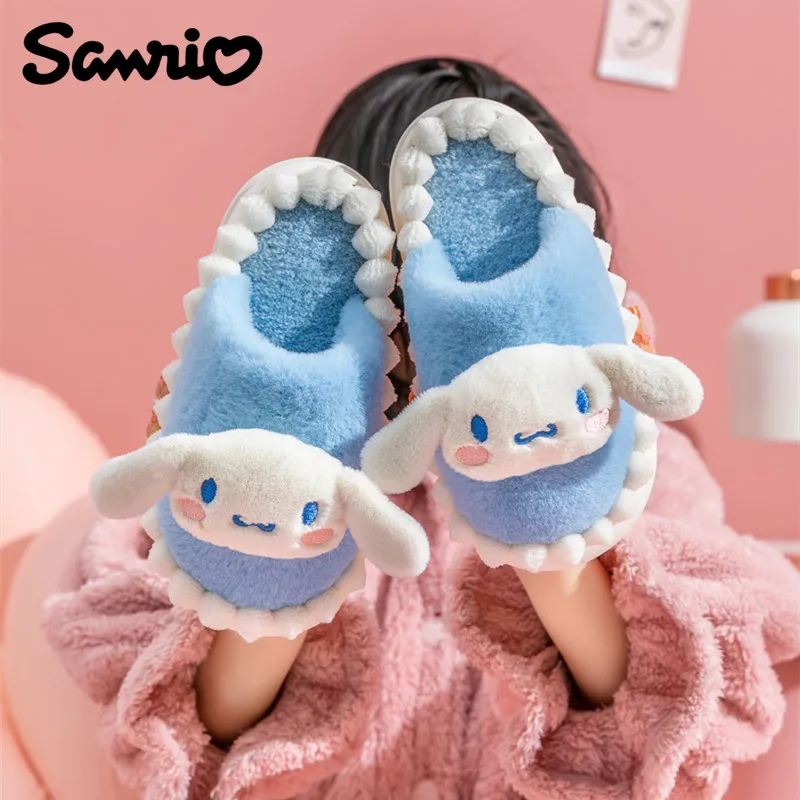 Sanrio Kawaii Cinnamoroll Adult Children Cotton Slippers Girls Autumn Winter Cartoon Cute Indoor Warmth Plush Student Slippers