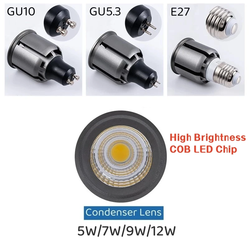 GU10/GU5.3/E27 COB LED Bulb 5W 7W 9W 12W Super Bright Replaceable Downlight Bulbs 3000/4000/6000K Indoor Spot Lighting AC85-265V