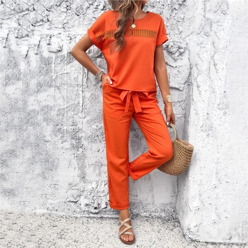 Casual Temperament Pant Sets Pure Colour Cotton Linen Ladies Short Sleeve Trousers Suit Summer Hot Fashion T-shirt Suit New 2024