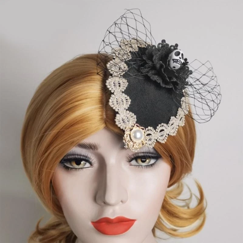 Épingle à cheveux en dentelle tridimensionnelle rétro pour spectacle sur scène, tête mort, nœud papillon, mini chapeau, pour