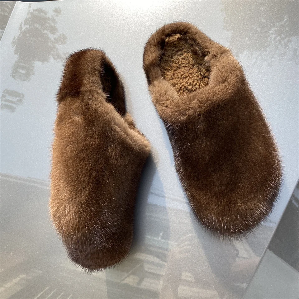 Damen Plateau-Sandalen mit Echtem Fell 2026 Herbst Winter Dicksohlige Hausschuhe für Frauen Outdoor Rutschfeste Natürliche Nerzfell-Pantoffeln – Detail 3