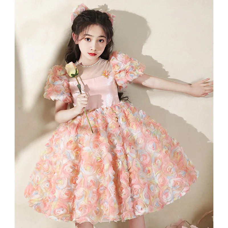 

Luxury Ball Gown Party Dress for Girl Pink Flowers Puff Sleeve Sweet Princess Dress Flower Girl Wedding Children's Puffy Dress