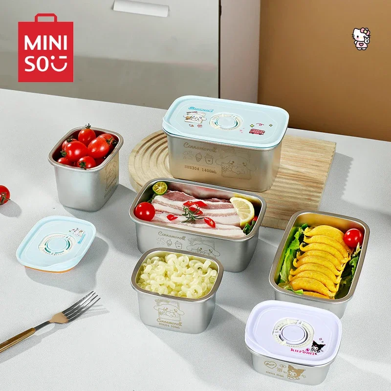 Sanrio Hello Kitty 304 Stainless Steel Crisper Box Miniso Cartoon Fridge Sealed Bento Box Fruit Picnic Adjustable Date 1100ml