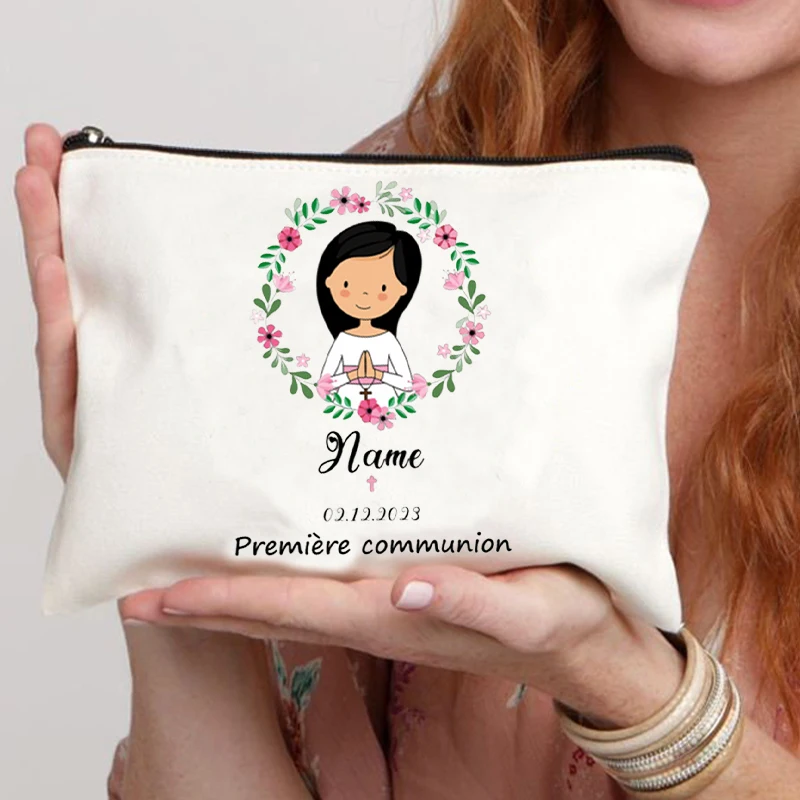 First Holy Communion print Supplies Storage Bags Travel Makeup Bag Gift for Girls Pencil bag Personalized Custom Name Stationery