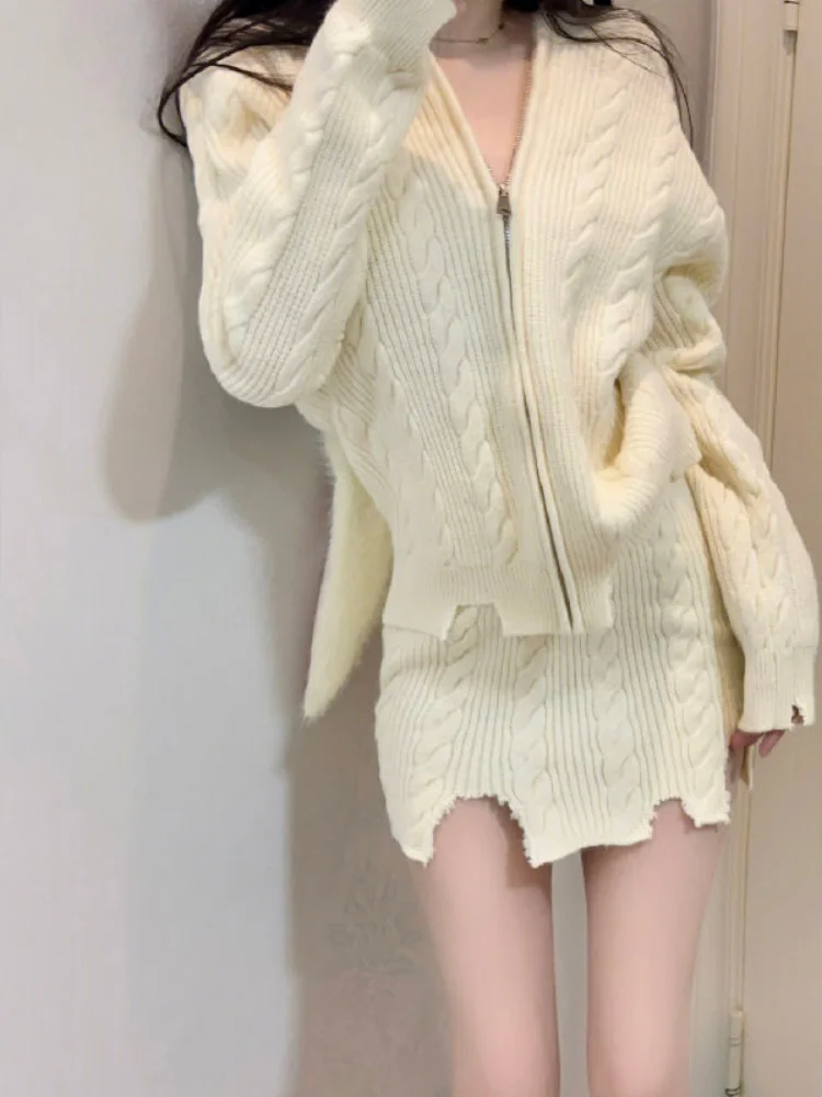 Y2K Vintage Women Two Pieces Sets Rabbit Hooded Cropped Sweater Cardigan+ Mini Skirts 2024 Spring Ripped Knitted Casual Outfits