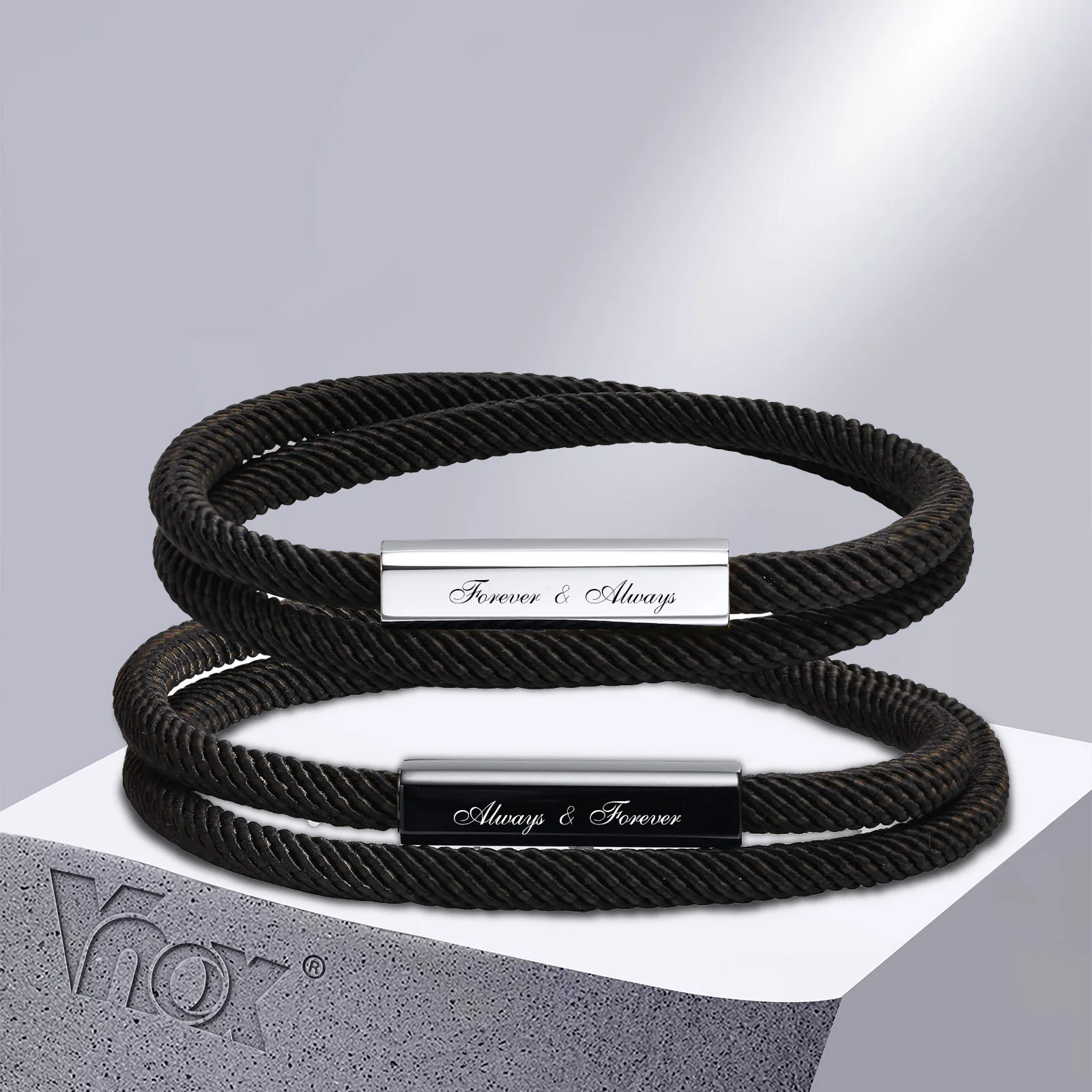 

Vnox Customize Couple Bracelets Men Women,Black Gold Plated Stainless Steel Bar with Layered Rope Chain, Minimalist Jewelry Gift