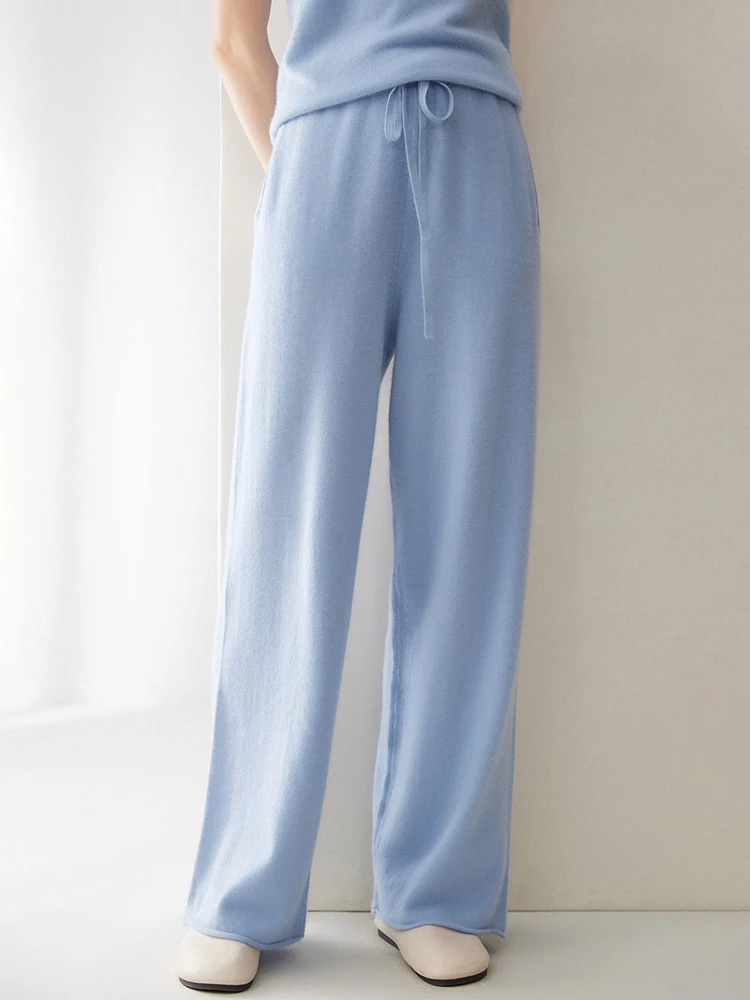 High-end Autumn Winter 100% Pure Cashmere Pants Wide Leg Pants Women's Outerwear Soild Versatile Loose Pant Knitted Long Pants
