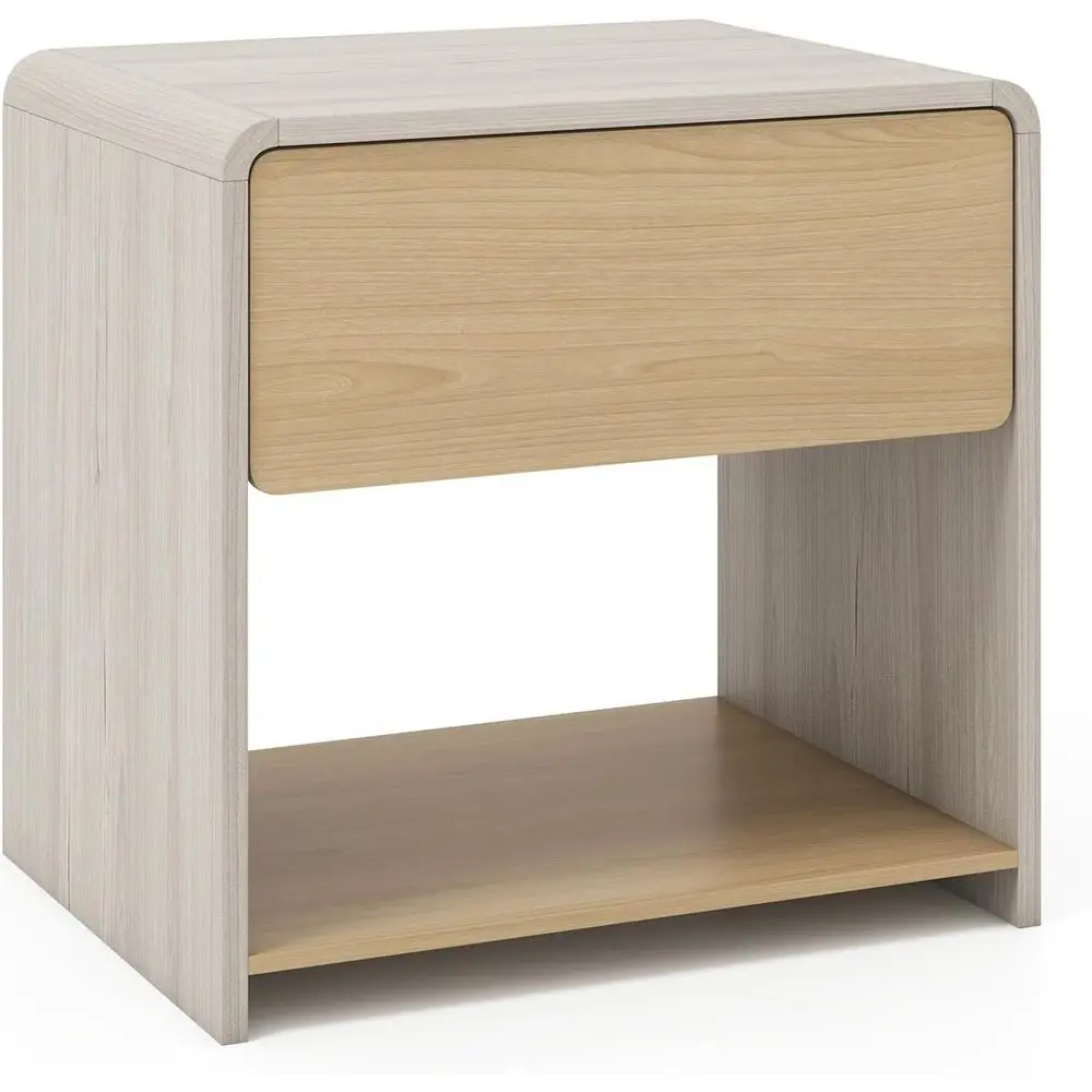 

Contemporary Wooden Nightstand with Storage, Open Shelves for Small Spaces, Curved Accent Table for Bedroom or Living Area