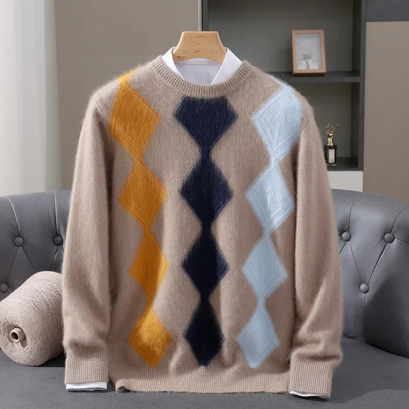 

2025 Mink Cashmere Sweater O-neck Pullovers Men's Loose Oversized S-3XL Knitted Bottom Shirt Autumn Winter New Casual Men Tops