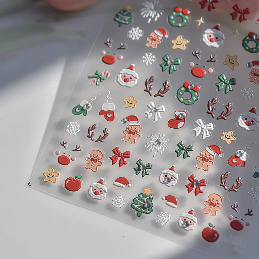 5D 겨울 눈사람 네일 스티커, 크리스마스 트리, 산타 클로스 디자인, 크리스탈 공, 하얀 눈덩이, 활 눈송이 집