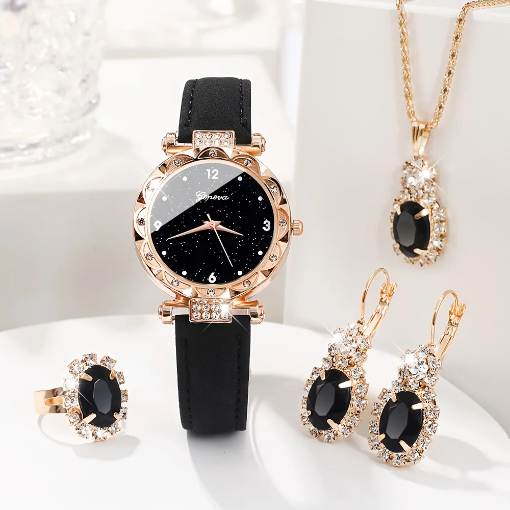 Ladies' classic and minimalist digital dial quartz watch with elegant temperament + jewelry set (5 pieces/set)