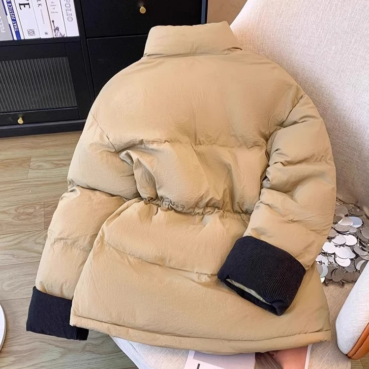 2025 Damescontrasterende kleur opstaande kraag donsjack Winter verdikte lange jas Grote maat taillegeul