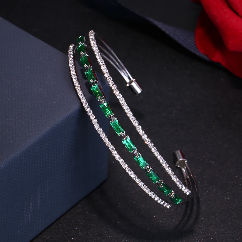 JMK Luxury Emerald 3 Layers Silver Plated Adjustable Bracelet Cubic Zircon Women Bracelets Bangles Bridal Wedding Jewelry Gifts