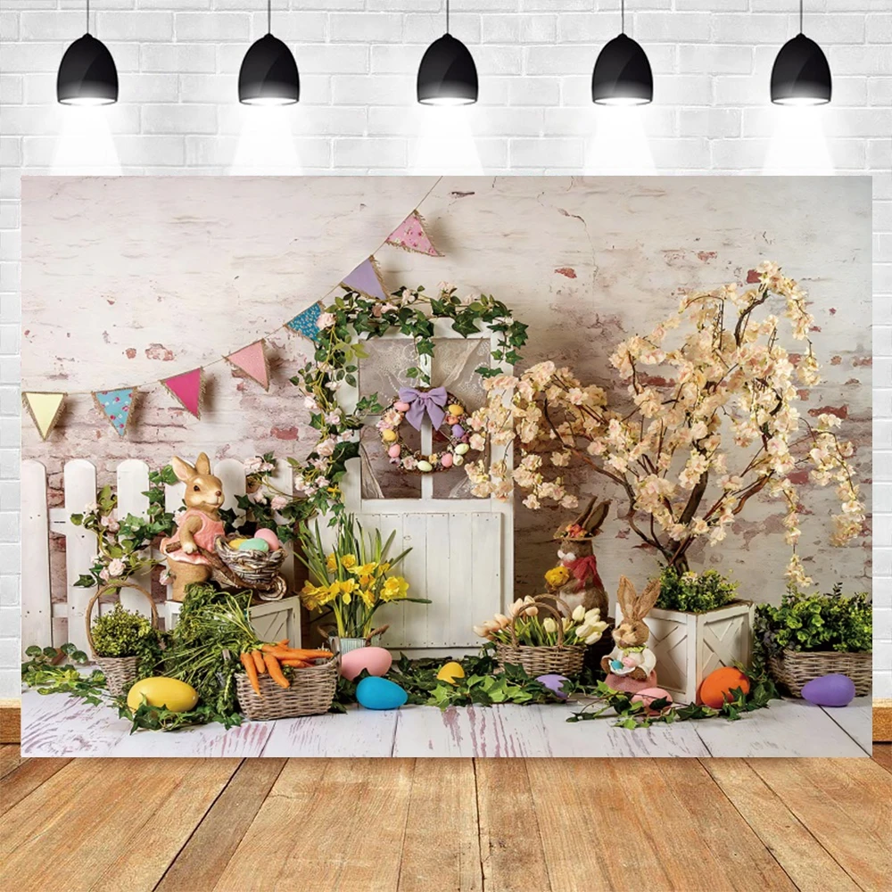 Spring Easter Flower Background for Photography Wooden House Floor Rabbit Bunny Egg Newborn Baby Portrait Backdrop Photo Studio