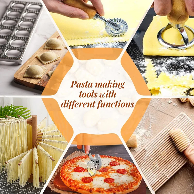 Wooden Ravioli Rolling Pin Foldable Pasta Drying Rack Ravioli Mold Pasta Stamps Roller Wheel Pizza Slicer for Pasta Making Tools