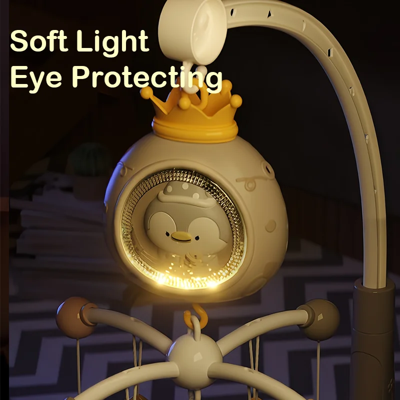 360° Penguin Musical Projection Baby Crib Mobile Rotating Soft Light Bed Bell Toy Four Speed Timming Infant Rattle Bedside Gift