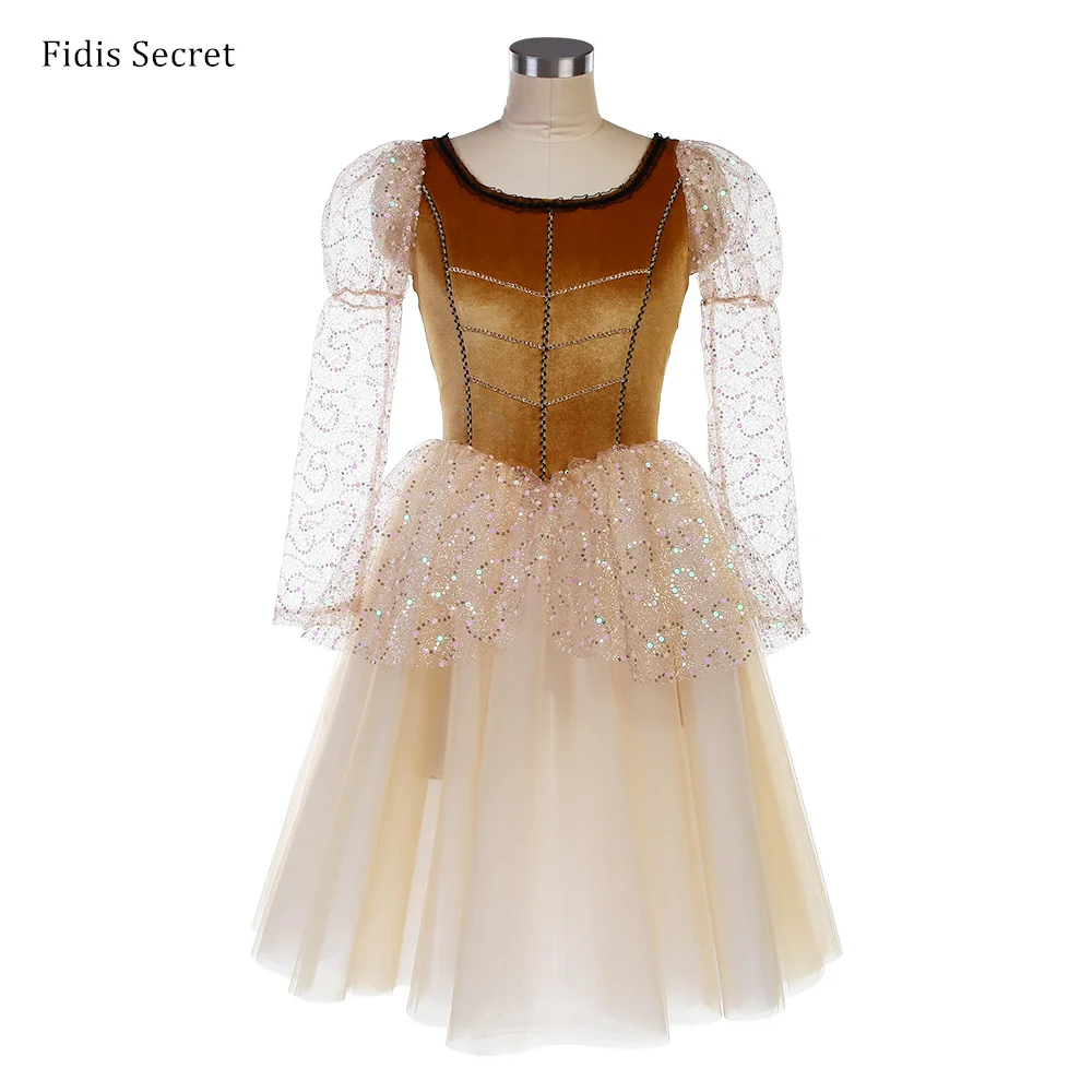 Women Light Brown Romantic Long Tutus,Girls Ballet Performance Sequins Dance Wear,Ballerina Flower Fairy Princess Stage Costumes