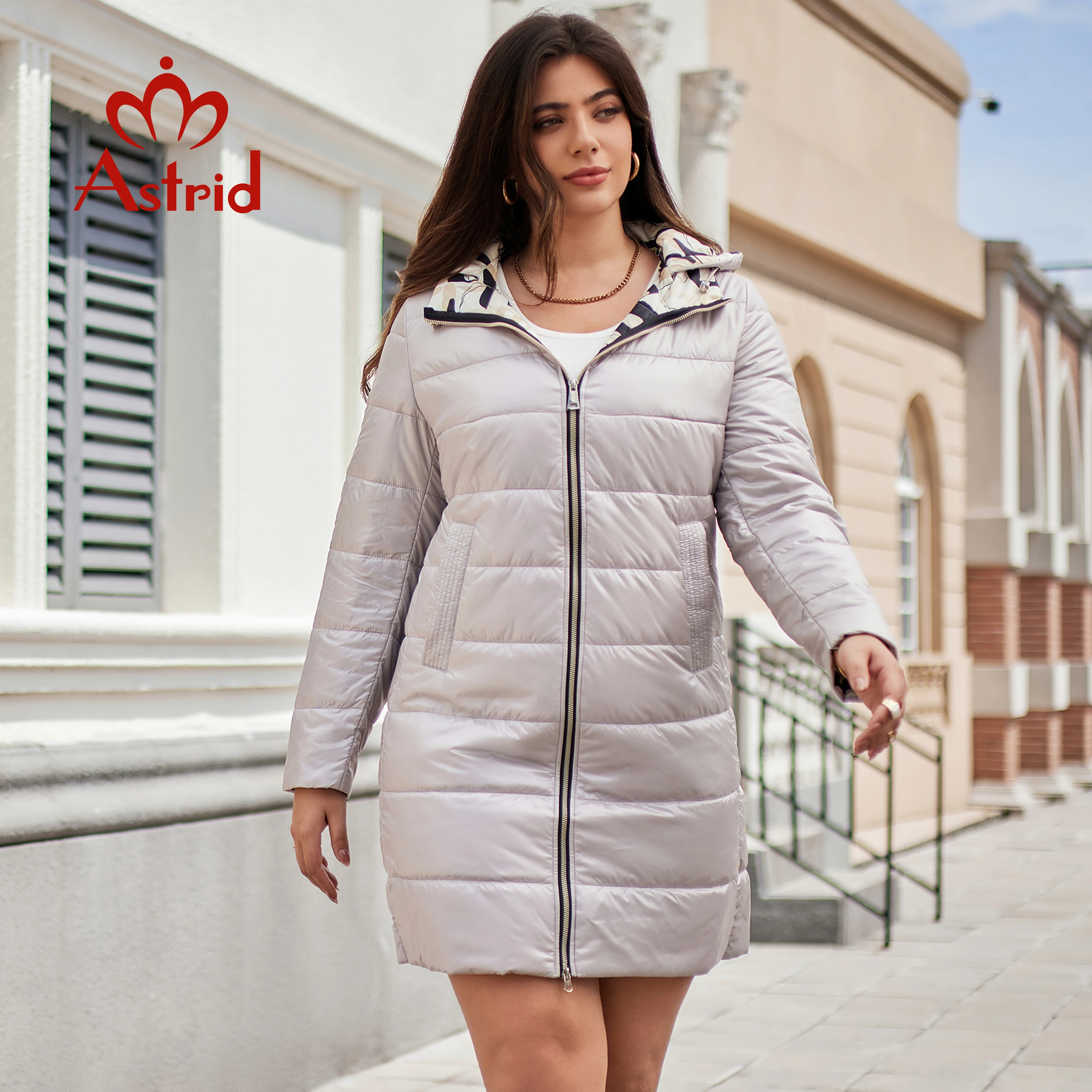 Astrid Damska jesienno-zimowa parka Plus Size Odzież damska Długa wyściółka Ciepły kaptur Damska pikowana kurtka Lady New In Coats 10569