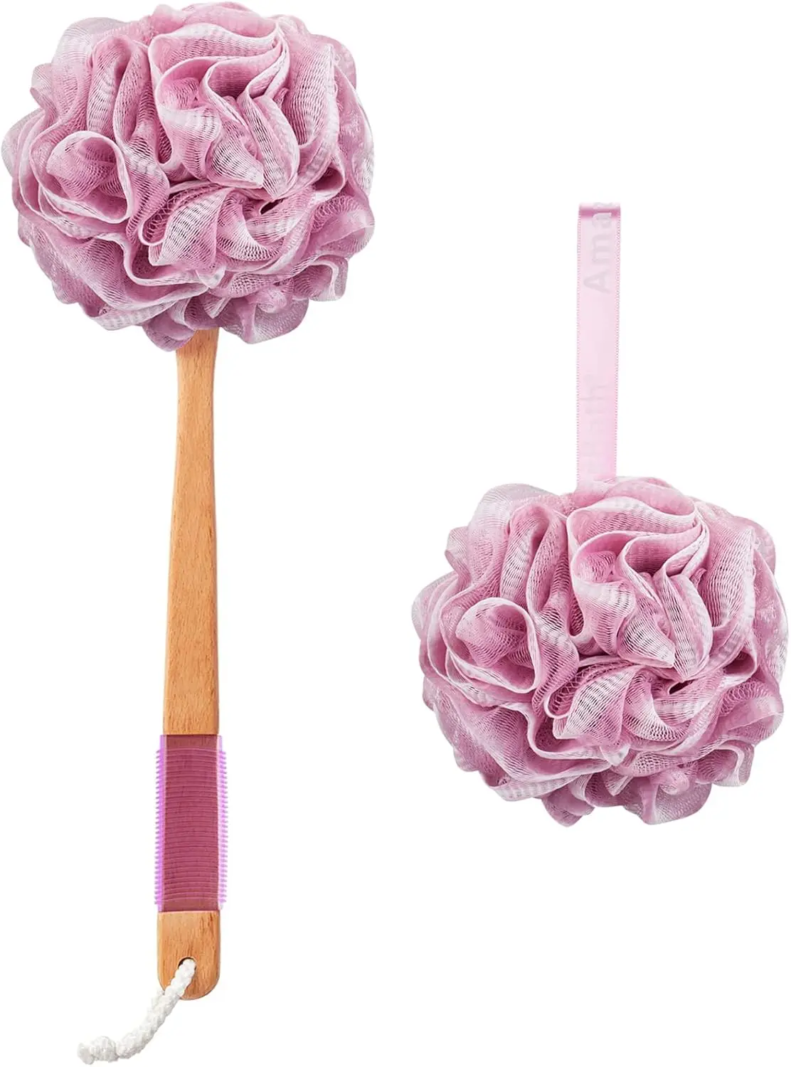 

Soft Mesh Loofah Body Scrubber with Long Wooden Handle - Pink Bath Sponge for Men and Women