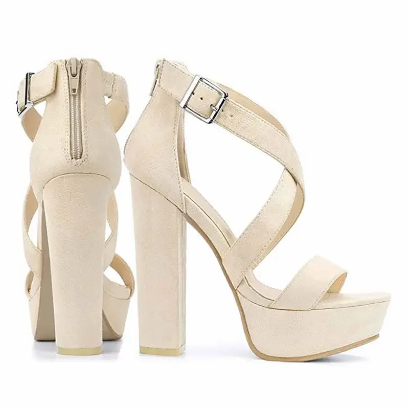 Damen Sandalen 2026 Sommer Sexy 14cm Offene Zehen Dicke Hohe Absätze Klobige Kreuzriemen Schnalle Plateau-Pumps Kleid Party Hochzeitsschuhe