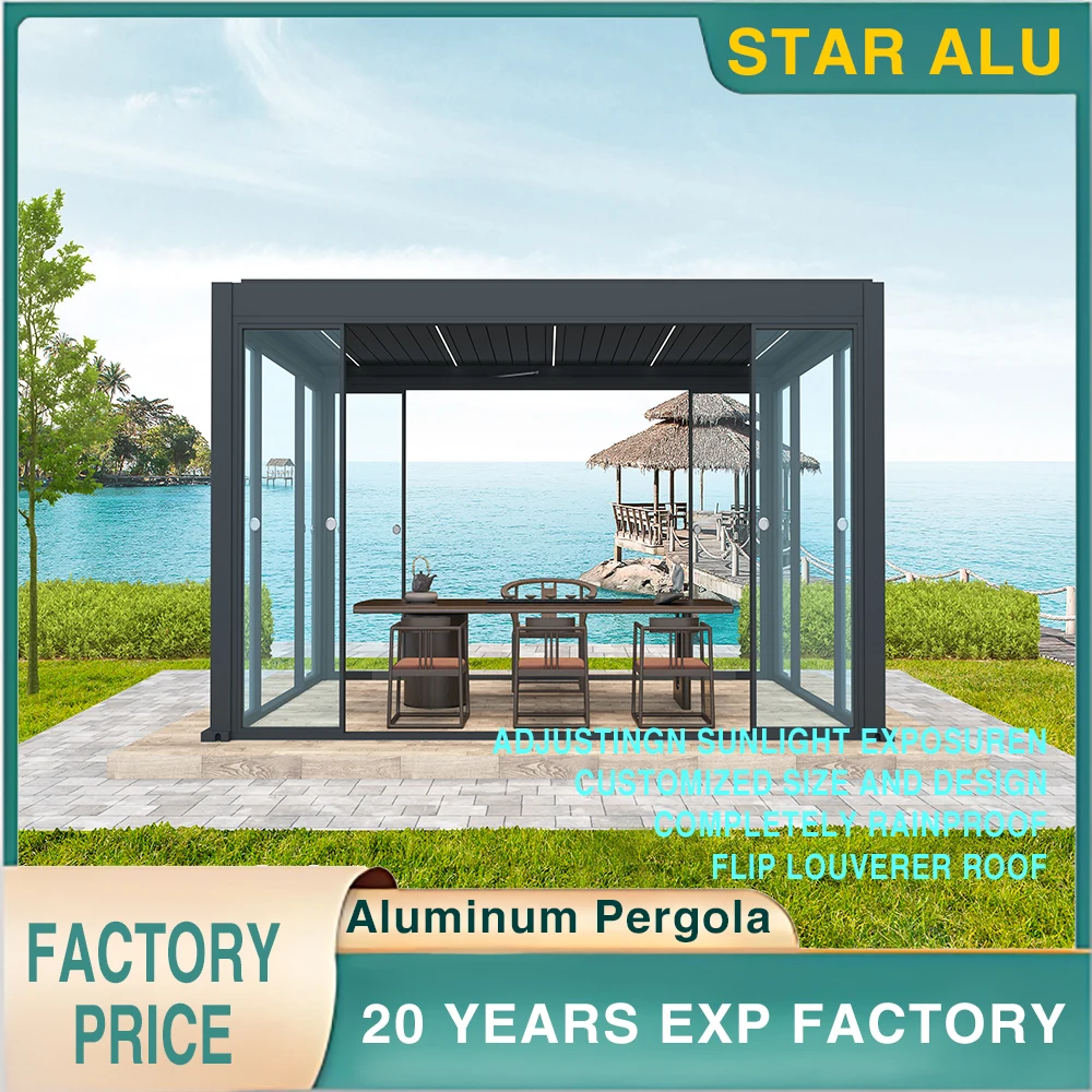 

Motorized Aluminum Bioclimatic Pergola with Sliding Glass Doors and LED Lights for Villa Garden or Balcony Sunshade