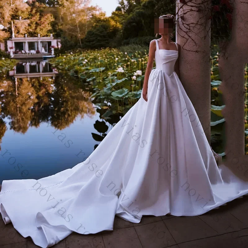 Customized Square Spaghetti Strap A Line Bridal Gown Draped Satin Fabric Ultra Long Train Minimalist Princess Wedding Dress 2026