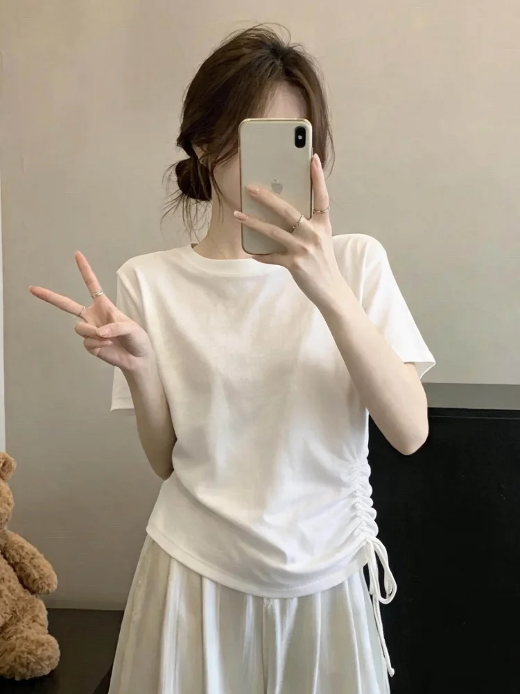 White round Neck Short Sleeve T-Shirt Women Summer 2026 New plus Size Side Drawstring Pleated Slimming Loose Top Commute Style