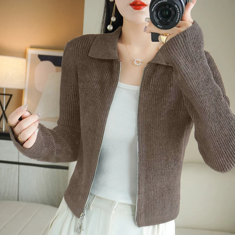 Women's Cardigan Spring Worsted Wool Knitted Sweater Casual Solid Color Blouse Fit Ladies Tops Short POLO Collar Zipper Jacket